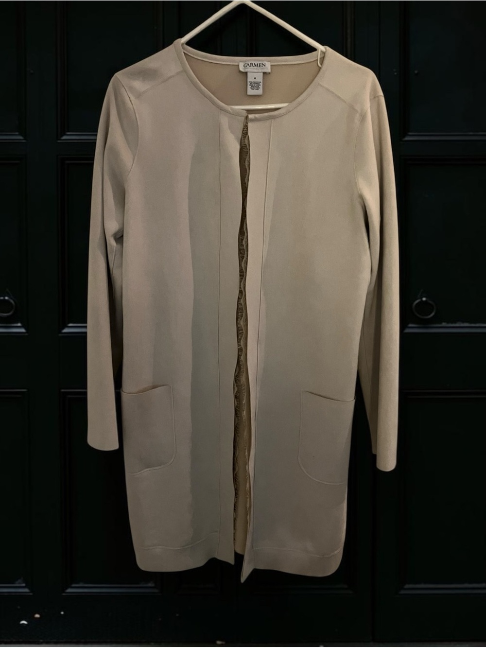 LIKE NEW!CARMEN BY CARMEN MARC VALVO BEIGE FAUX SUEDE OPEN FRONT CARDIGAN JACKET